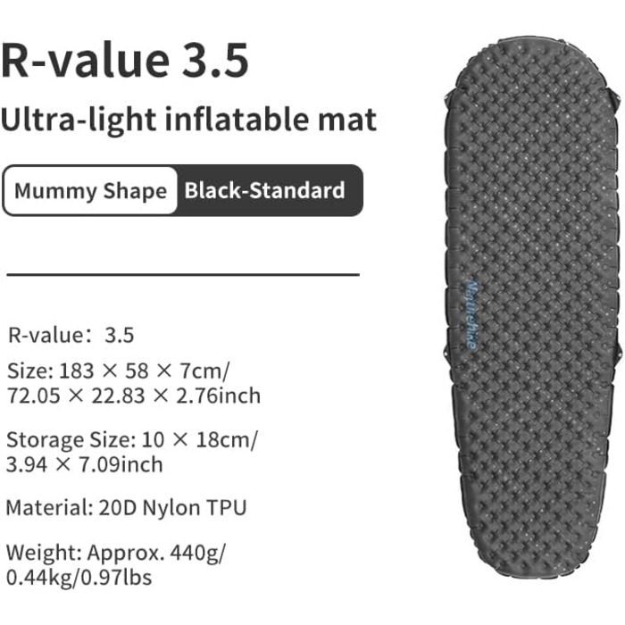 Надувний килимок для сну Naturehike Ultralight, надувний килимок для кемпінгу 3.5R, міцний, портативний килимок для сну, одномісний надувний матрац для трекінгу, пішого туризму, альпінізму, походів, стиль мумії - чорний стандарт