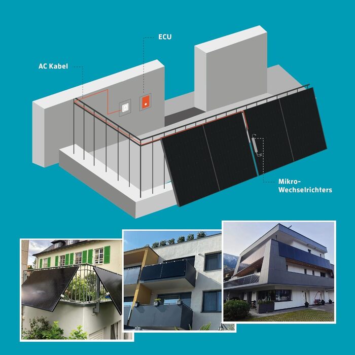 Фотоелектрична система KAISER 800 Вт для балкону, включаючи інвертор - Повний комплект сонячної системи в повністю чорному дизайні - Сонячні модулі &quotпідключи та працюй&quot - включаючи аксесуари та кабель 7 м - Керування через застосунок