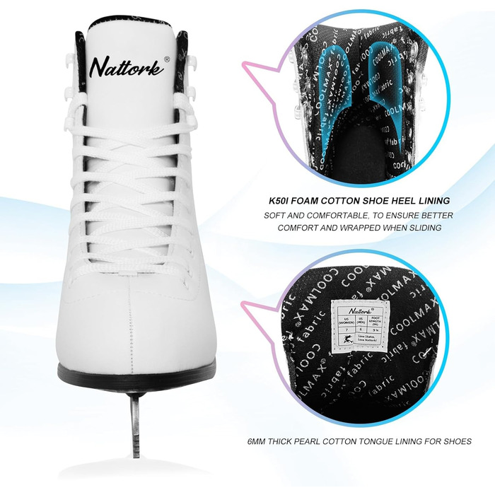 Фігурне катання Nattork Excellence леза з нержавіючої сталі для покращеної підтримки, міцності, продуктивності та максимального комфорту для дітей та дорослих. Білий розмір EU 40/ US жіночий розмір 8, US чоловічий розмір 7.