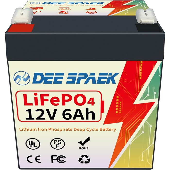 Акумулятор DeeSpaek 12V 6Ah LiFePO4, акумуляторні літієві батареї глибокого циклу з BMS 10 А, ідеально підходять для їзди на іграшках, домашньої сигналізації, запобіжника, газонокосарки та аварійного освітлення