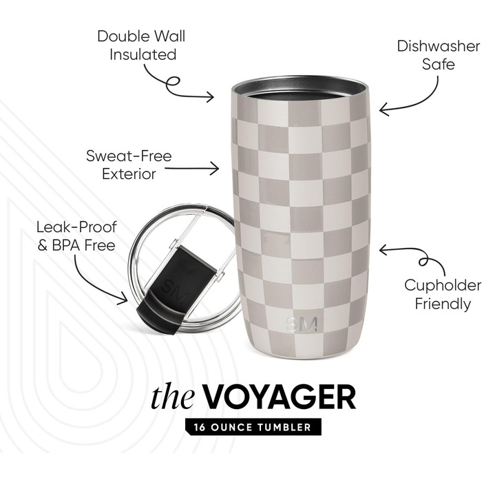 Проста сучасна термокружка з кавовою кружкою та кришкою, що відкидається Ізольована кавова кружка з нержавіючої сталі Подарунки для жінок та чоловіків Voyager 470 мл Checkmate 470 мл Візерунок Checkmate