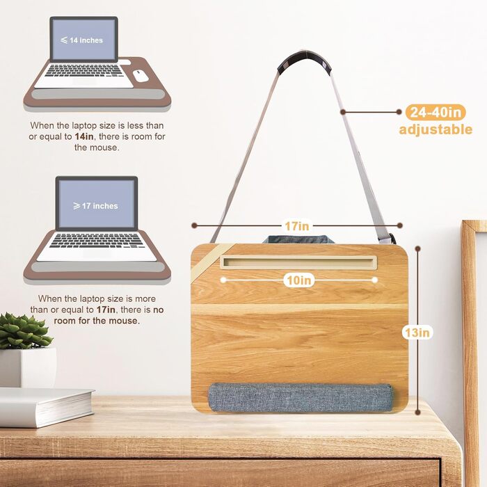 Стіл-підставка на коліна з подушкою, для ноутбука до 15,6 дюймів, з кишенями для зберігання. Портативне робоче місце для дому, університету, офісу (Світло-коричневий)