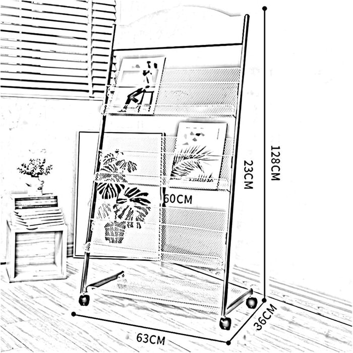 Тримач для журналів Підлогова підставка для журналів з колесами, металева підставка для брошур, полиця для зберігання газетної інформації для офісів, торгових ярмарків, виставок, роздрібних магазинів (Si 63x36x128см срібло