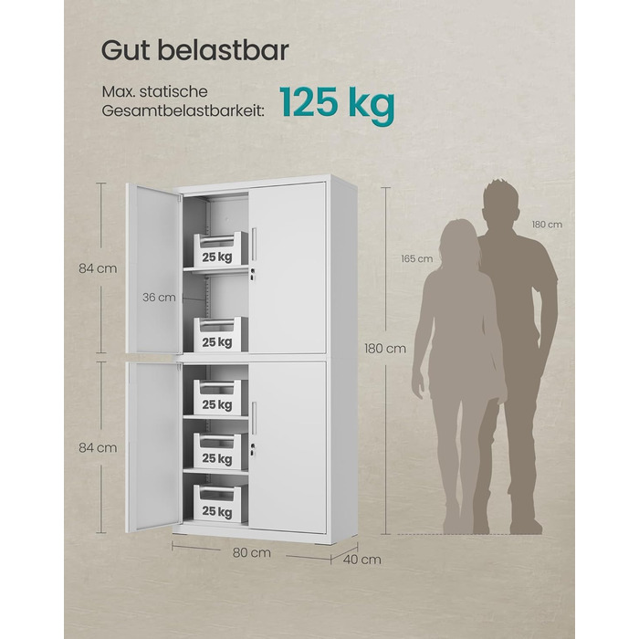 Шафа для документів SONGMICS, багатофункціональна шафа, офісна шафа, з 4 дверцятами та 5 полицями, 40 x 80 x 180 см, 2 замки, регульовані полиці, сталева шафа для зберігання, матово-сірий OMC016G01 40 x 80 x 180 см матово-сірий