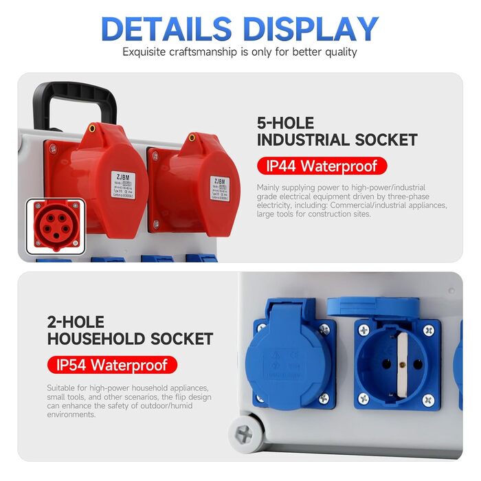 Розподільна коробка для будівельного майданчика, комплект розподільчої коробки 16A, BKV 2/4, водонепроникний розподільник живлення IP44/IP54 з розеткою та ручкою для перенесення, кабель 2 м, для використання всередині та зовні приміщень, 6 портів (з двома