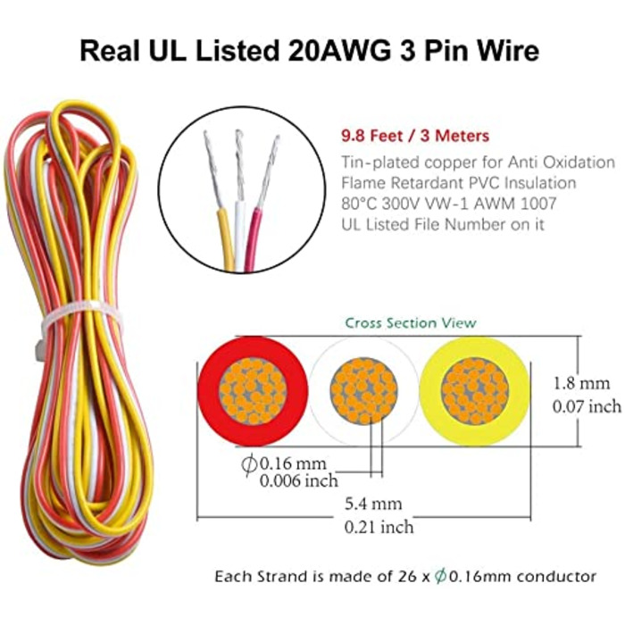 Комплект світлодіодних стрічок 3Pin10 мм 22AWG, RGB світлодіодні стрічки 3-контактні, 3-контактні JST SM Painter до гнізда для світлодіодних стрічок WS2811,2812B