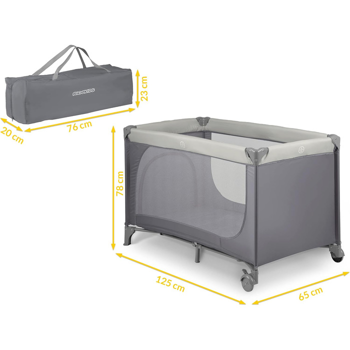 Дитяче ліжечко Ricokids, портативне, манеж, 125x65x78 см, вантажопідйомність 15 кг, складне, два колеса з гальмами, знімний бічний вхід, матрац, сумка, світло-сіре ліжечко, колір Hellgrau