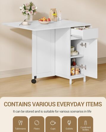 Обідній стіл Hzuaneri, розкладний обідній стіл на колесах, для 3-6 осіб, розкладний стіл з шухлядами, шафами та дворівневими відкритими полицями, підходить для невеликих приміщень, білий KT14003W