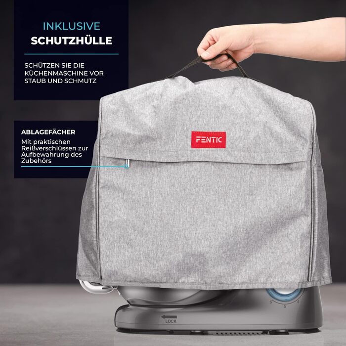 Кухонний комбайн Fentic - 2000 Вт - Чаша для змішування з нержавіючої сталі (6.2 л) - Тістомісильна машина з гачком для змішування, гачком для тіста, віночком і захистом від бризок - включаючи захисний чохол і додаткові аксесуари - Антрацит