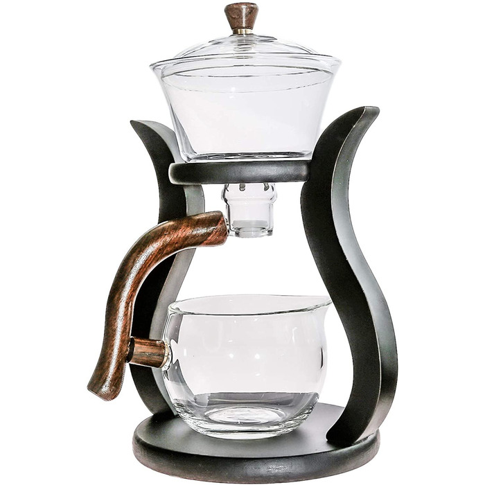 Набір для чаювання RORA скляний чайник з автоматичним обертанням, дерев'яний корпус та 6 чашок (чайник без чашок у комплекті)