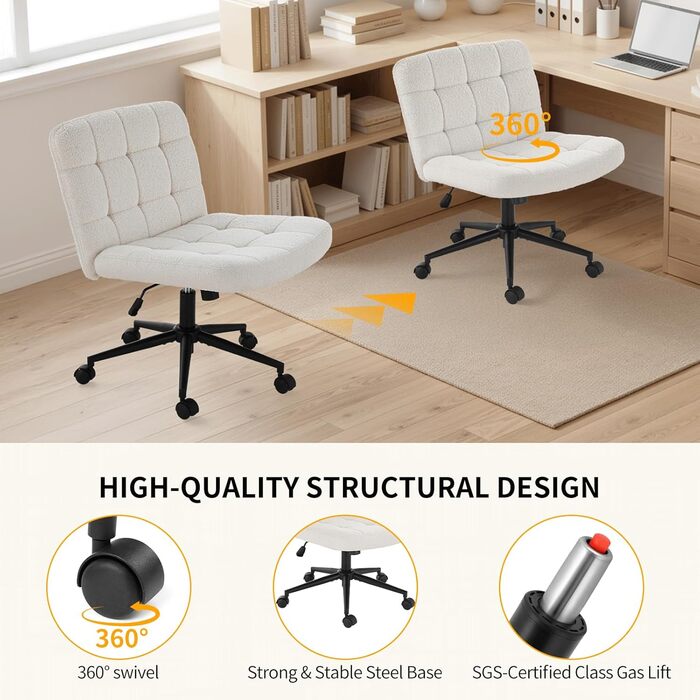 Офісне крісло Clevich без підлокітників, широке крісло з перехресним розташуванням сидіння, ергономічне крісло з регульованою висотою для домашнього офісу, кабінету, макіяжу, спальні (шерпа, білий)