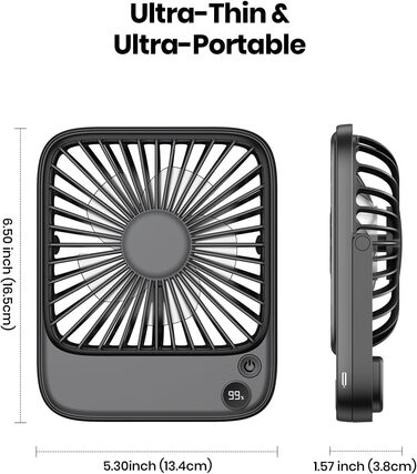Настільний вентилятор TOPK Перезаряджуваний вентилятор на 2 батареї 5000 мАг, тихий тонкий особистий вентилятор з дисплеєм потужності та швидкості для офісної бібліотеки подорожей