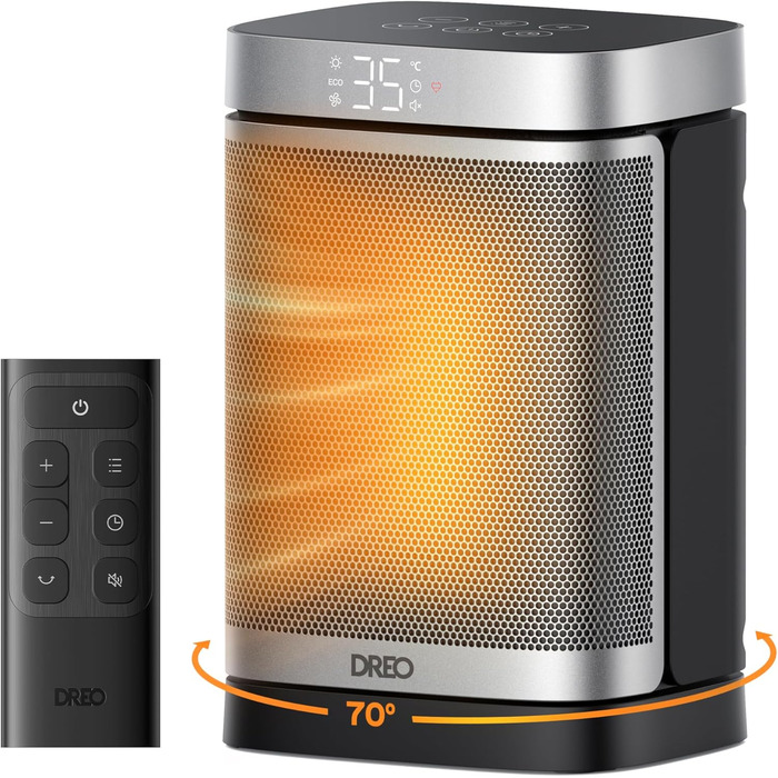 Енергозберігаючий малий електричний вентилятор-обігрівач Dreo, 1500 Вт з термостатом, коливальний електричний нагрівальний елемент 70, керамічний нагрівач PTC, тихий, режим ECO, 12-годинний таймер, захист від перегріву та перекидання, стандартний срібляст