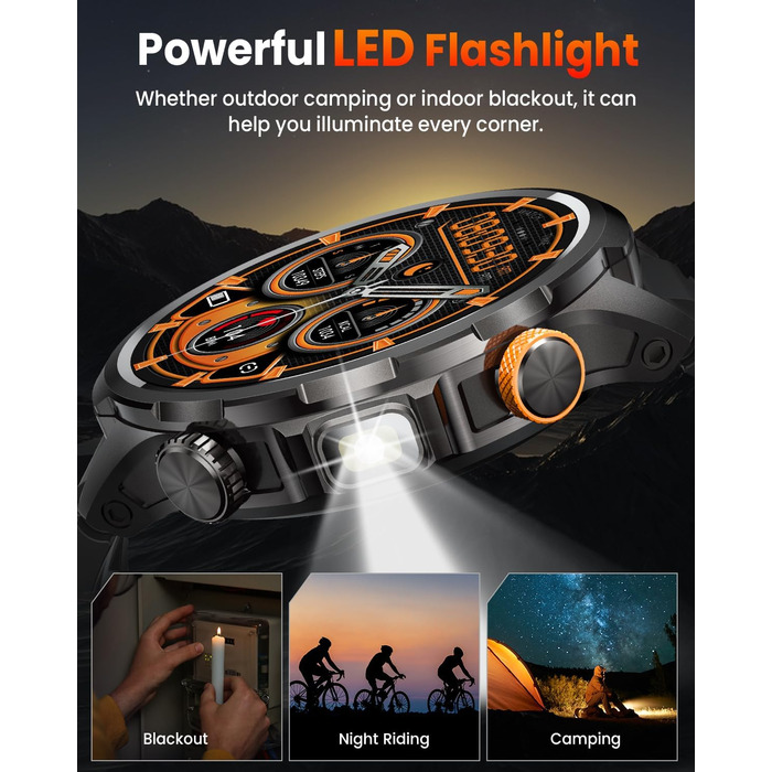 Чоловічий смарт-годинник з акумулятором 1000 мАг/світлодіодним ліхтариком, 1,91-дюймовий AMOLED 5ATM смарт-годинник військовий фітнес-трекер з функцією телефону, 113 спортивних режимів, спортивний годинник/цілодобовий монітор серцевого ритму/монітор сну/S