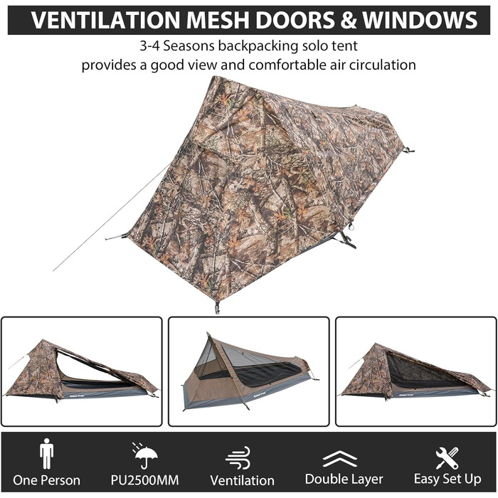 Намет-бівак GEERTOP на 1 особу, бівак-мішок, трекінговий намет, кемпінговий намет, міні-пакет, легкий, на 3-4 сезони для кемпінгу, походів, подорожей та скелелазіння на свіжому повітрі, реалістичний камуфляж, на 1 особу
