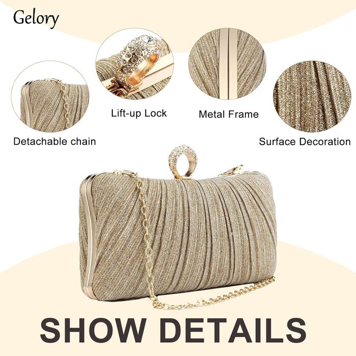 Клатчі для жінок Маленький блискучий клатч зі знімним ланцюжком для весіль, нареченої, випускних вечорів, коктейльних вечірок, жіноча сумочка із золотими акцентами