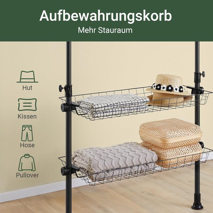 Телескопічна вішалка для одягу SoBuy, міцна вішалка для одягу, регульована відкрита шафа з кошиками для зберігання для спальні, вішалка для одягу, чорна KLS04-II-SCH