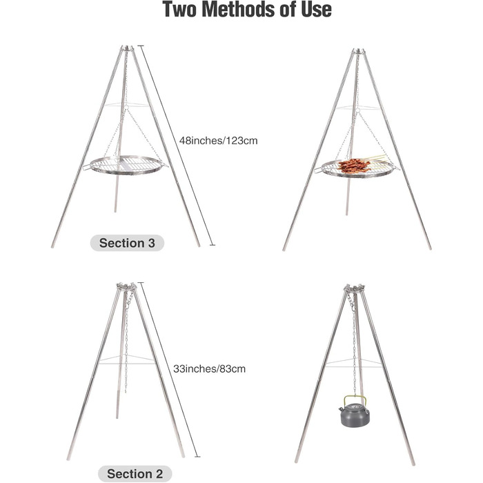 Поворотний гриль REDCAMP з решіткою для гриля, включаючи ланцюги, регульована висота, поворотний гриль для кемпінгу з нержавіючої сталі з круглою решіткою для гриля та сумкою для перенесення для барбекю на свіжому повітрі, сріблястий
