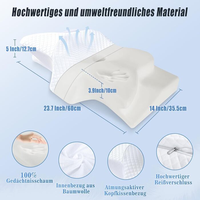 Ергономічна подушка для шиї SAHEYER, ортопедична подушка з піни з ефектом пам&39яті, подушка для сну на боці, подушка для підтримки шиї, покращує якість сну, подушка для шиї, 60 x 35,5 x 10/13 см, біла подушка для сну 60 x 35,5 x 10/13 см