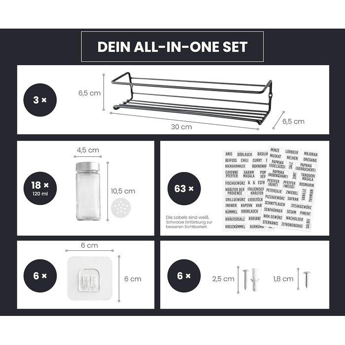 Підставка для спецій з 18 банками - Для підвішування на стіну та дверцята шафи - Не потребує свердління - Підвісний органайзер для спецій з кришками з нержавіючої сталі