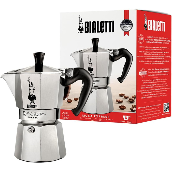 Еспресо-кавоварка Bialetti Moka Express Iconic для плити, алюміній, 270 мл, сріблястий/чорний 6 чашок
