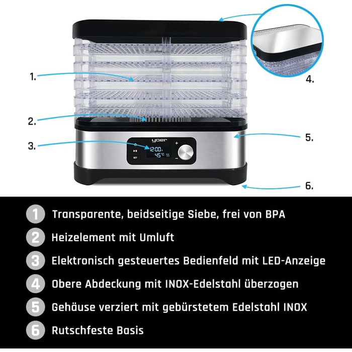 Дегідратор, 450 Вт, 4000 см2, таймер на 24 години, LED-дисплей, нержавіюча сталь INOX, без BPA, модульна конструкція, дегідратор для їжі, грибів, фруктів, м'яса, риби, овочів, 01S