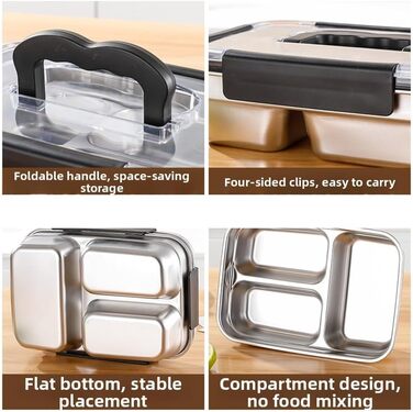 Ланчбокс з нержавіючої сталі, 1800 мл, з ручкою, герметичний, 3 відділення, придатний для використання в мікрохвильовій печі, контейнер для їжі для роботи, школи або пікніків (чорний)