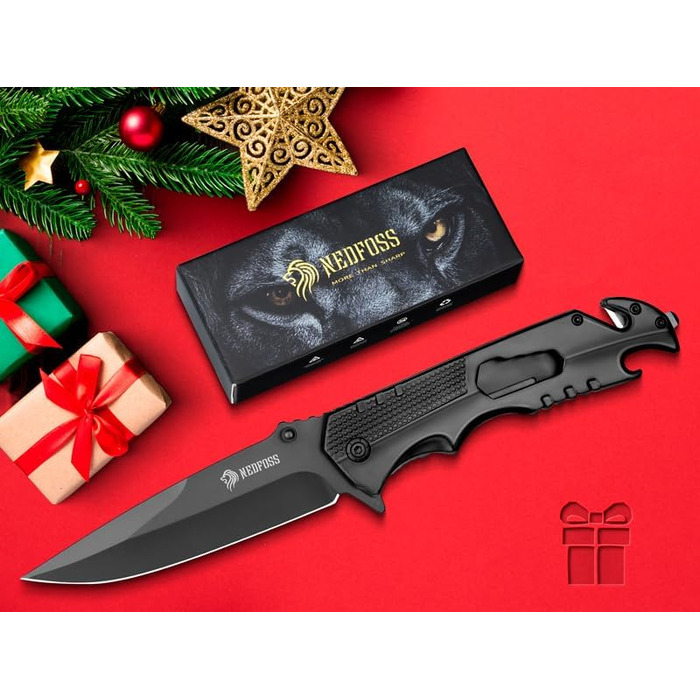 Кишеньковий ніж NedFoss FA48, 10-сантиметровий рятувальний ніж з різаком для ременя, склобій та відкривачка для пляшок, складаний