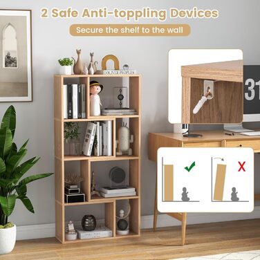 Книжкова полиця GIANTEX з 8 відділеннями, полиця-перегородка кімнати 60 x 20 x 120 см, дерев&39яна окремостояча полиця з 2 запобіжниками, кубічна полиця для вітальні та дитячої кімнати (натуральний колір)