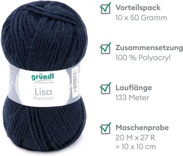 Пряжа Grndl Lisa Premium Uni Knitting & Crochet Yarn (м'яка і вовняна характер, проста в догляді миється трикотажна пряжа з 100 поліакрилу, 50 г/ 133 м, розмір голки 3,5 - 4,5, 10 клубків по 50 г кожен), (темно-синій)