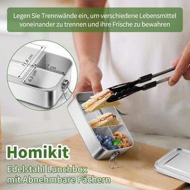 Ланчбокс Homikit з роздільниками, нержавіюча сталь, 850 мл. Бенто-бокс з сумкою для дітей та дорослих, контейнер для обіду з виймаються перегородками та герметичною кришкою з силіконовим ущільнювачем.