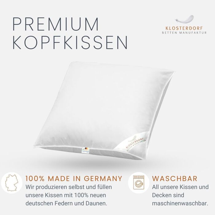Подушка преміум-класу Klosterdorf Bedding Manufactory з трьома камерами &quotФункціональна&quot - 80x80 см - 1000 грамів - Ручна робота в Німеччині - Здоровий сон - Пухова подушка, 3-камерна подушка