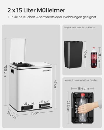 Відро для сміття для кухні, 2 х 15 л, система розділення відходів 2 відділення, сміттєвий бак, педальний бак, для жовтого пакета,