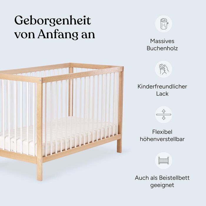 Дитяче ліжко Ehrenkind PUR з матрацом 120x60, бук Натуральний колір Дитяче ліжко з регульованою висотою в 9 напрямках зі знімними поручнями Дитяче ліжко 120x60 см Pur матрац, натуральний колір