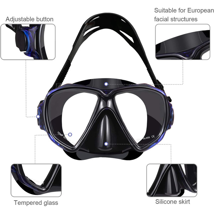 Набір для сноркелінгу з трубкою та маскою для дайвінгу, водонепроникна маска для дайвінгу, захист від запотівання та протікання, виготовлена із загартованого скла, з 3-канальним сухим трубкою преміум-класу для дорослих, чорний/синій