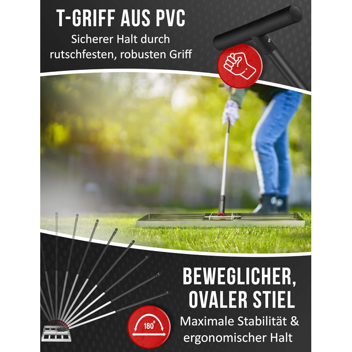 Гребінь для газону з нержавіючої сталі 75x35 см - професійний вирівнювач для газону з ручкою - для розрівнювання, підсипання піском та догляду - ергономічний інструмент для вирівнювання газону, що зберігає спину