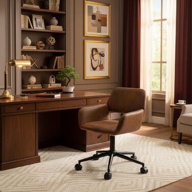 Вінтажне офісне крісло з підлокітниками, поворотне на 360, регульована висота 4555 см, під коричневу шкіру, з колесами для домашнього офісу