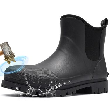 Чоловічі гумові чоботи Furuian зі сталевим носком, робочі чоботи до щиколотки, гумові робочі чоботи-челсі, водонепроникні, грязьові, нековзні, будівельні черевики для сільського господарства, промисловості, роботи, полювання, 47 EU, чорні