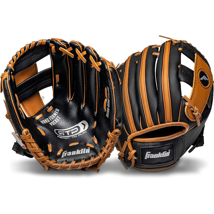 Дитячі бейсбольні рукавички Franklin Sports RTP набір рукавичок для тиболу м&39яч хлопчики дівчатка, набір рукавичок для тиболу діти малюки 9,5 дюймів, чорні/коричневі, підходять для праворуких гравців