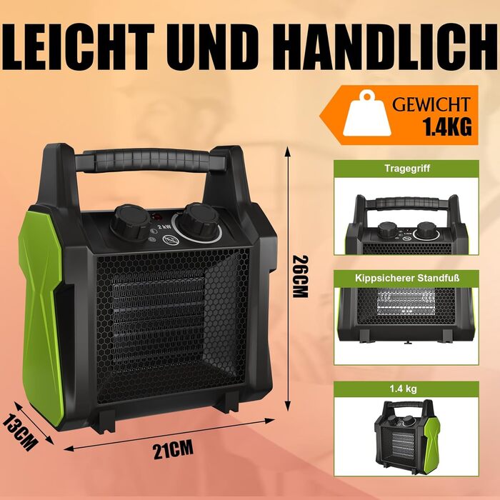 Вуличний вентилятор-обігрівач GARDTECH потужністю 2000 Вт, портативний обігрівач для теплиць із захистом від перегріву, швидконагріваючий керамічний гаражний обігрівач, електричний обігрівач для майстерні та теплиці (середній)