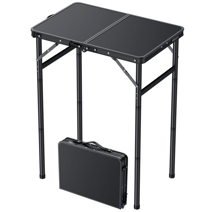Стіл для кемпінгу JiGiU 60x40 см, складний, з 3 регулюваннями висоти 27 см/51 см/74 см, алюмінієвий каркас, компактний гриль-стіл для саду, кухні, пікніка, використання в приміщенні та на вулиці, стіл-валіза (чорний)