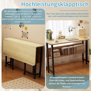 Розкладний стіл з полицею, 80x60x75 см, розкладний стіл на колесах, дерево та вуглецева сталь, компактний, багатофункціональний, для домашнього офісу, вітальні (колір дерева)