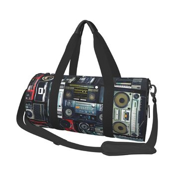 Спортивна сумка, дорожня сумка, вінтажний стиль, принт Радіостіна, сумка на нічліг, чорна, універсальний розмір, сумка для подорожей