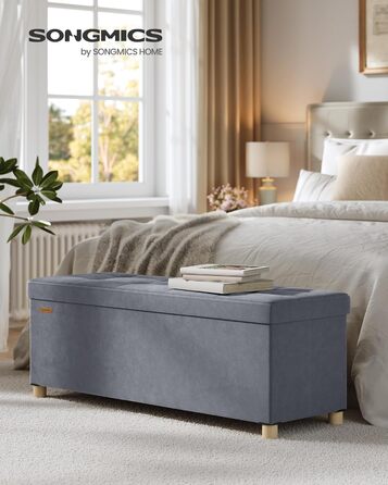 Лавка для зберігання, Складаний табурет, 38 x 110 x 40 см, Коробка для зберігання з кришкою, Пуф для ніг 112 л, Оксамит, Вантажопідйомність до 300 кг, Коридор Вітальня Спальня, Шиферно-сірий LSF0518G02 110 см 112 л Сірий