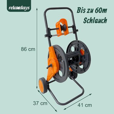 Шланг для поливу Relaxdays, 60 м, зєднувачі швидкого зєднання, направляюча шланга, 2 колеса, пластик/сталь, барабан для шланга, сірий/помаранчевий
