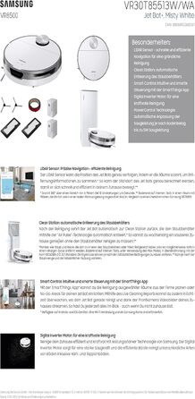 Робот-пилосос Samsung Jet Bot VR30T85513W/WA, потужність всмоктування 5 Вт, 0,3 , станція очищення, датчик LIDAR, інтелектуальне к