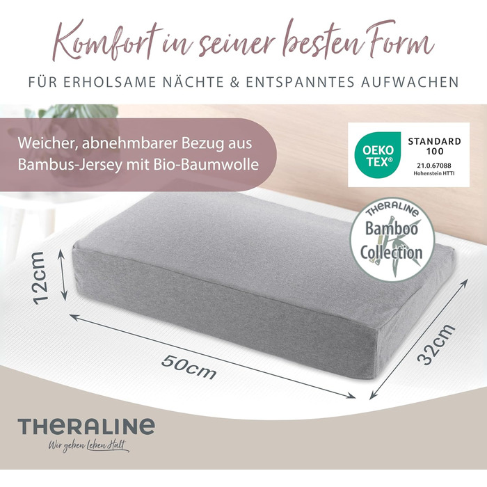 Подушка Theraline Ергономічна подушка з піни з ефектом пам&39яті з намистинами Подушка для підтримки шиї для сну на боці та на спині У комплекті чохол з бамбукового джерсі, приблизно 50x30 см Меланжево-сірий, середньо-сірий
