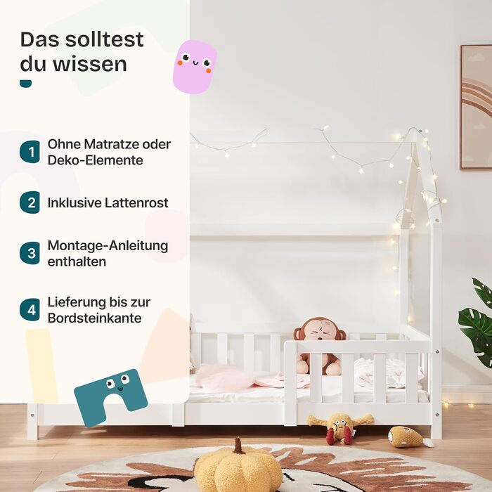 Ліжко Sisimiut Montessori House 80 x 160 см із захистом від падіння, дерев&39яне дитяче ліжко, підлогове ліжко, рейкова основа, сосна, матово-білий колір, 80 x 160 см, матрац не входить до комплекту