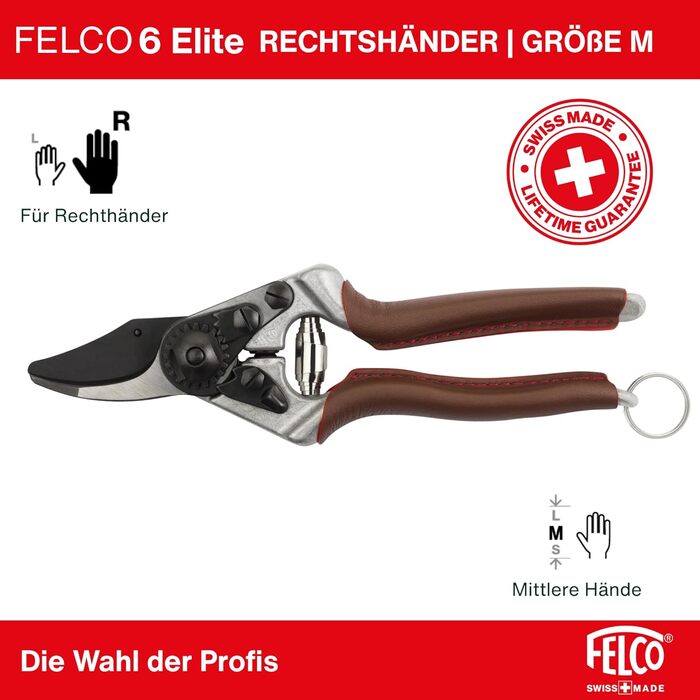 Ергономічні садові ножиці FELCO 6 ELITE для правшів, середнього розміру, шкіряні ручки, чорне лезо F-Tech, діаметр різання 20 мм, довжина 195 мм, зроблено у Швейцарії. FELCO 6 Elite 195 мм x 195 мм