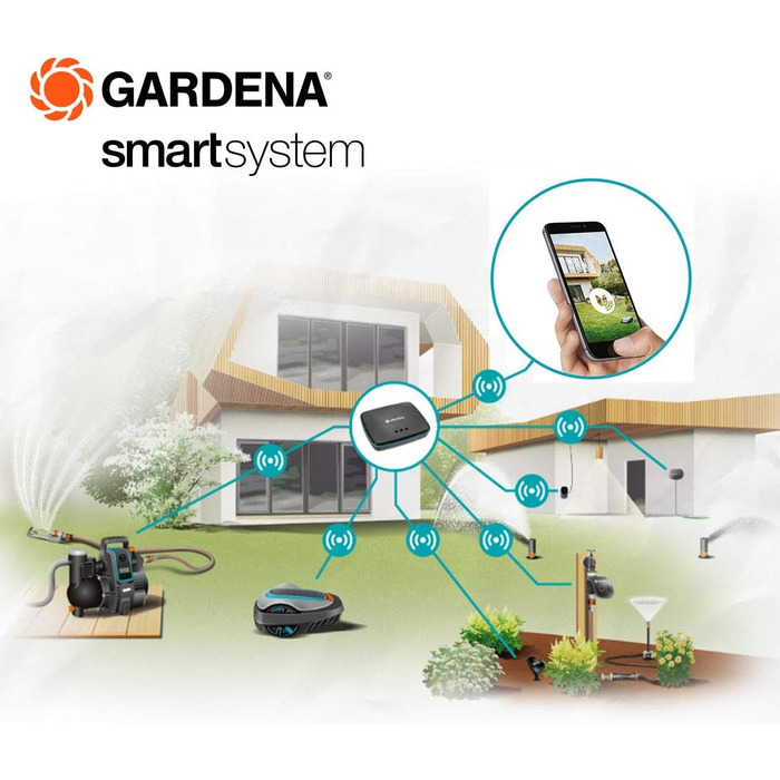 Комплект датчиків розумного керування зрошенням Gardena керування зрошенням до 6 клапанів (24 В), індивідуальне програмування тривалості поливу для кожного клапана, включаючи шлюз і розумний датчик (19109-20)